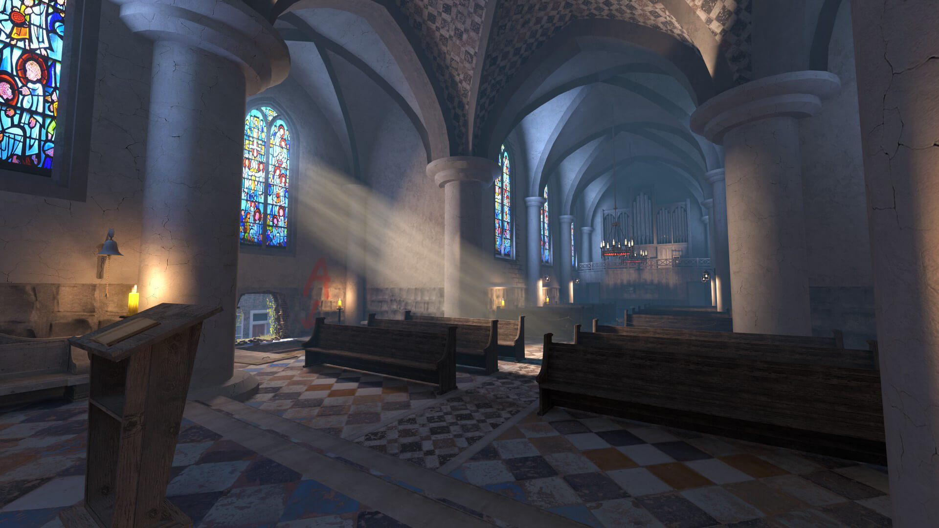 Gothic church interior with vaulted ceilings, stained-glass windows and shafts of sunlight in the Counter-Strike 2 map VESPER
